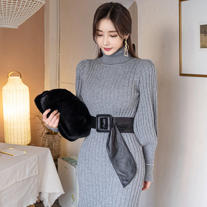 Turtleneck Knitted Dress With Belt