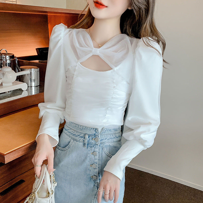 Puff Sleeve Bow Mesh Pleated Top fashionnsio