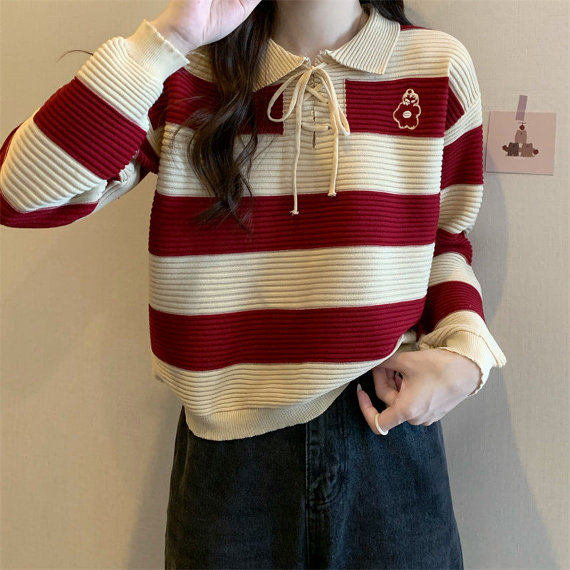 Striped Knitted Lace-up Sweater Top