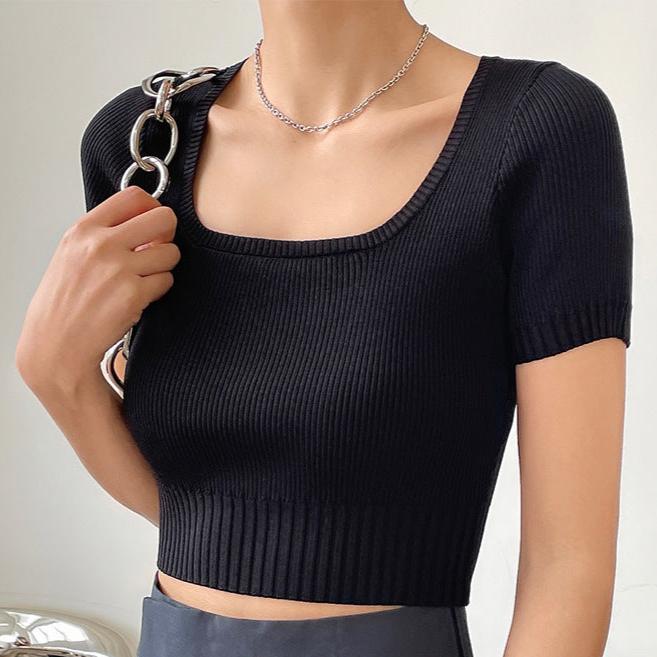 Square Neck Cropped Knit Top