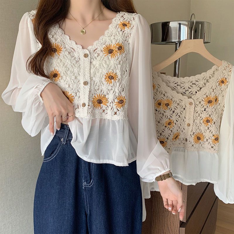 Flower Embroidery Puff Sleeve Blouse Top