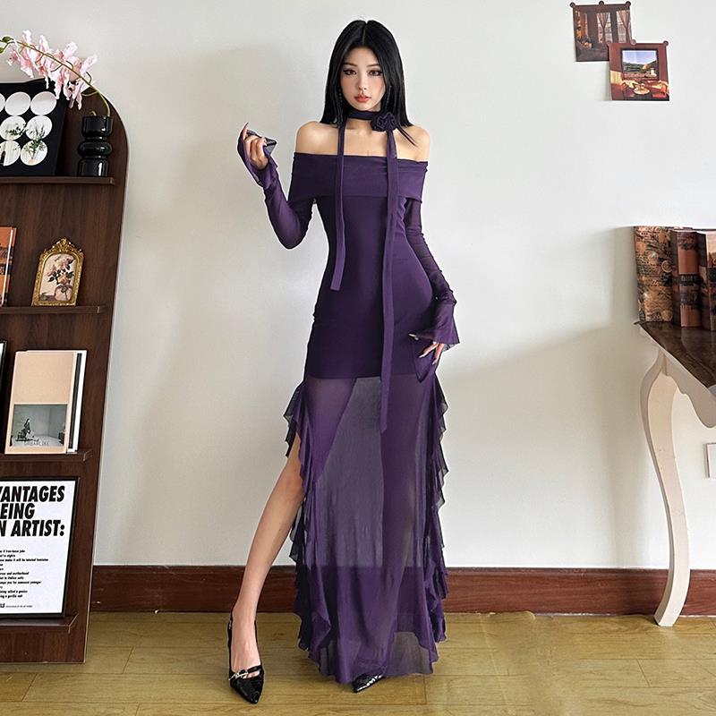 Off Shoulder Mesh Ruffle Dress - Fashionnsio