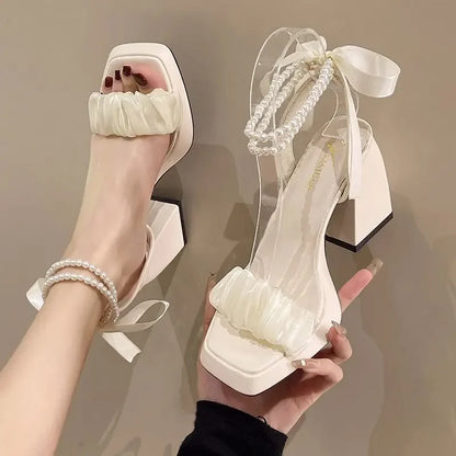 Bow Ribbon Pearl Chunky Heels