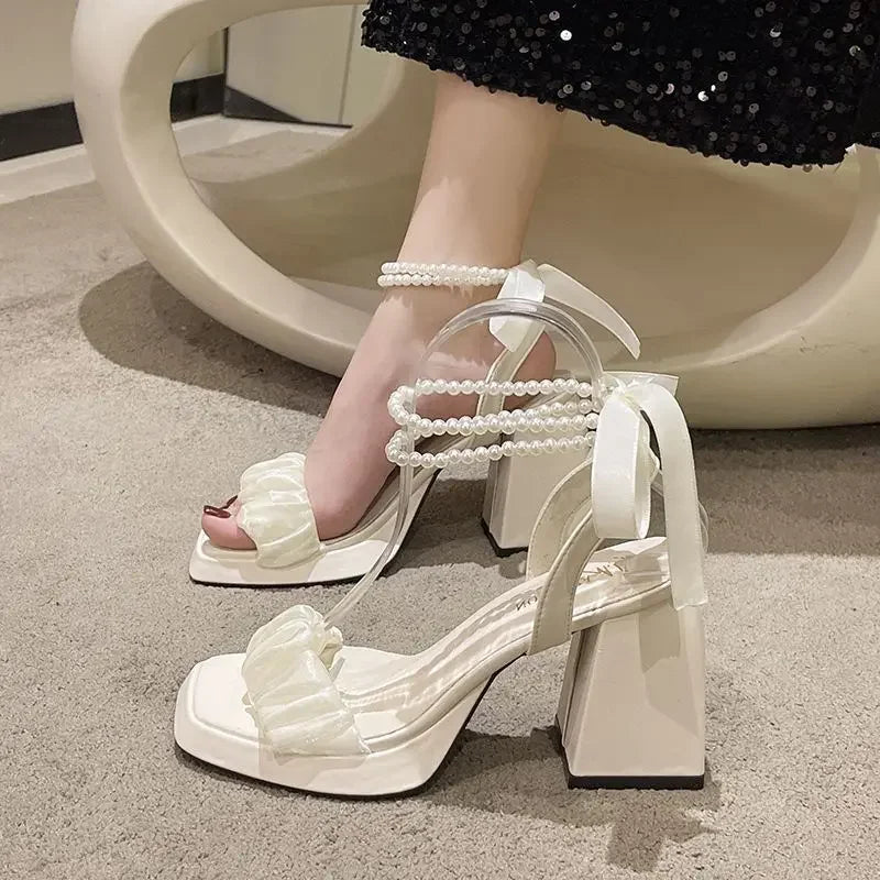 Bow Ribbon Pearl Chunky Heels