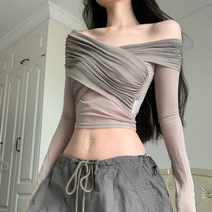 Pleated Off-shoulder Crop Top fashionnsio