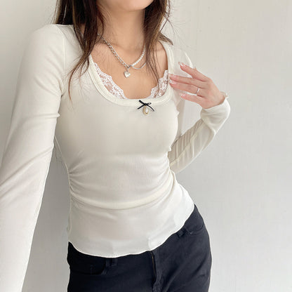 Long Sleeve Bow Lace Ribbed Top