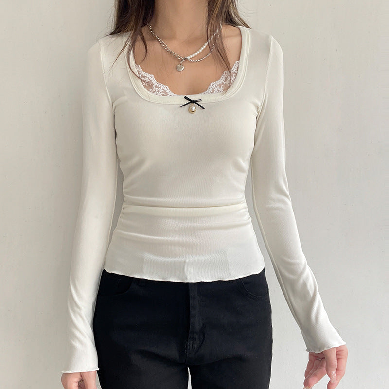 Long Sleeve Bow Lace Ribbed Top