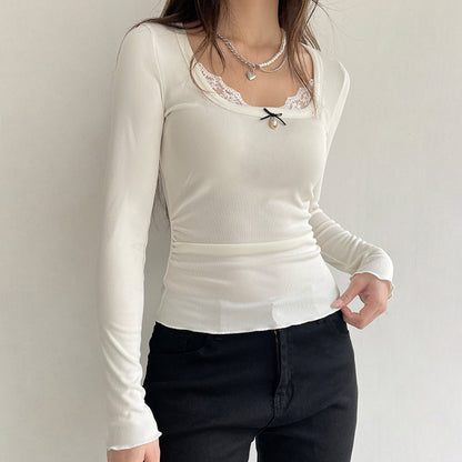 Long Sleeve Bow Lace Ribbed Top