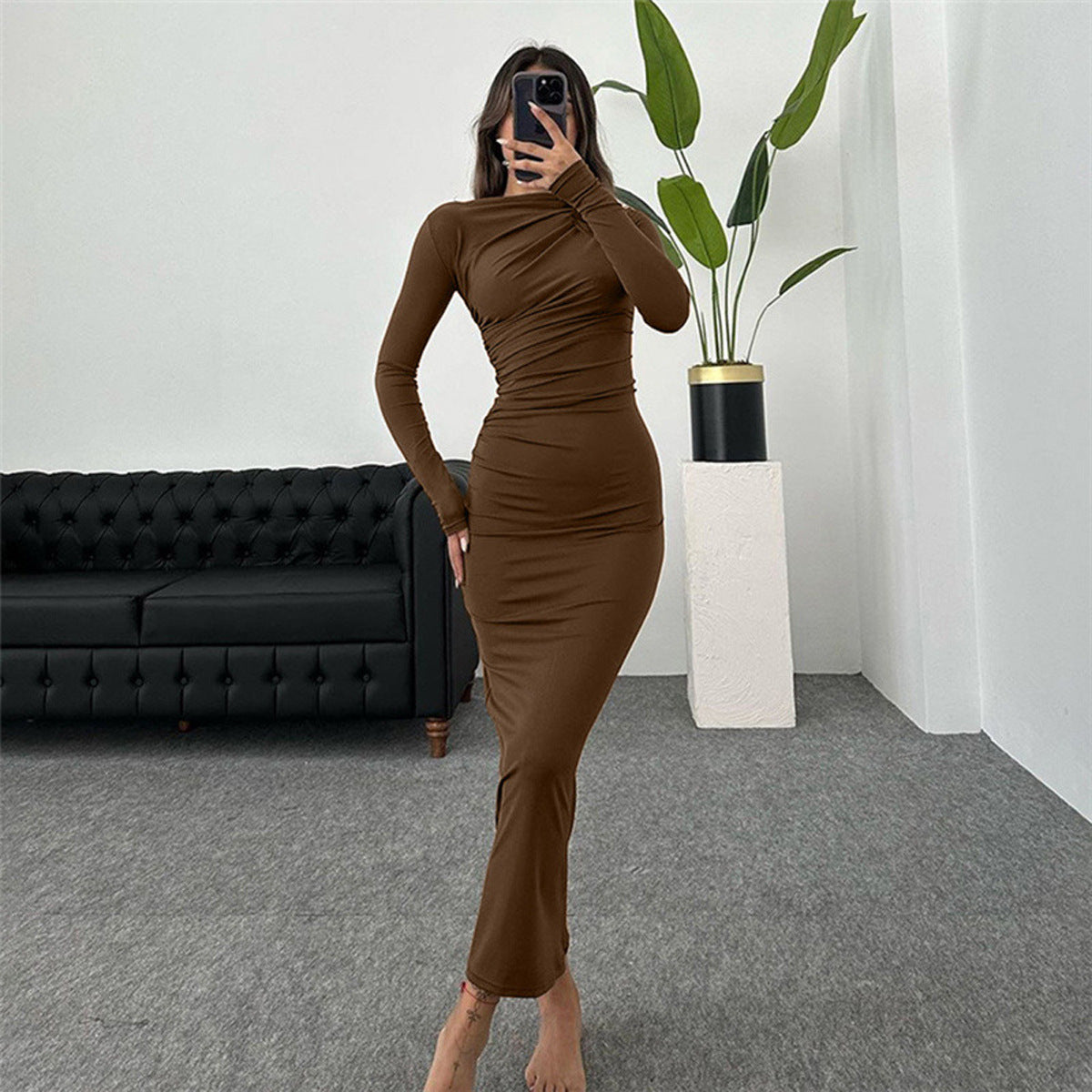 Slim Fit Bodycon Long Pleated Dress