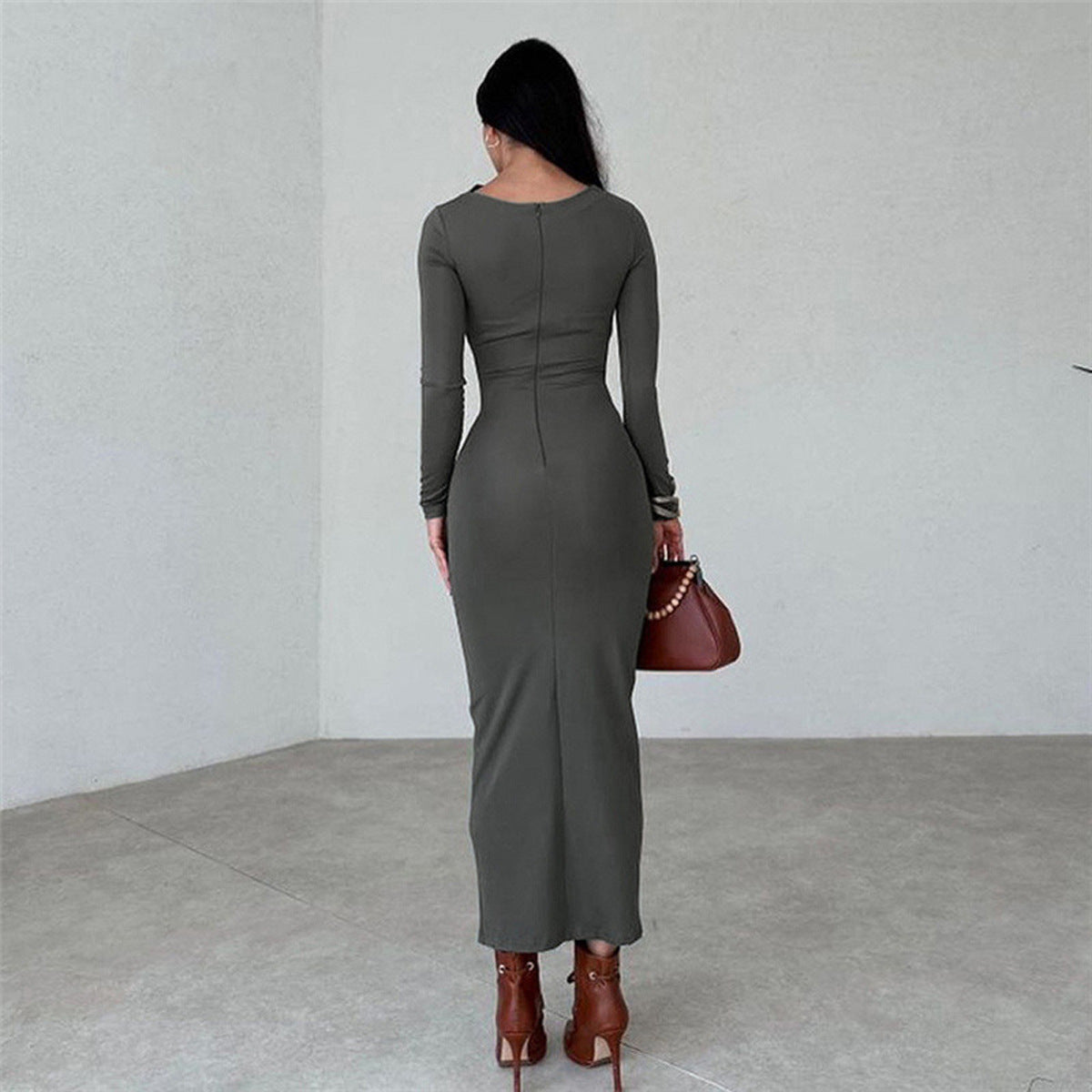 Slim Fit Bodycon Long Pleated Dress