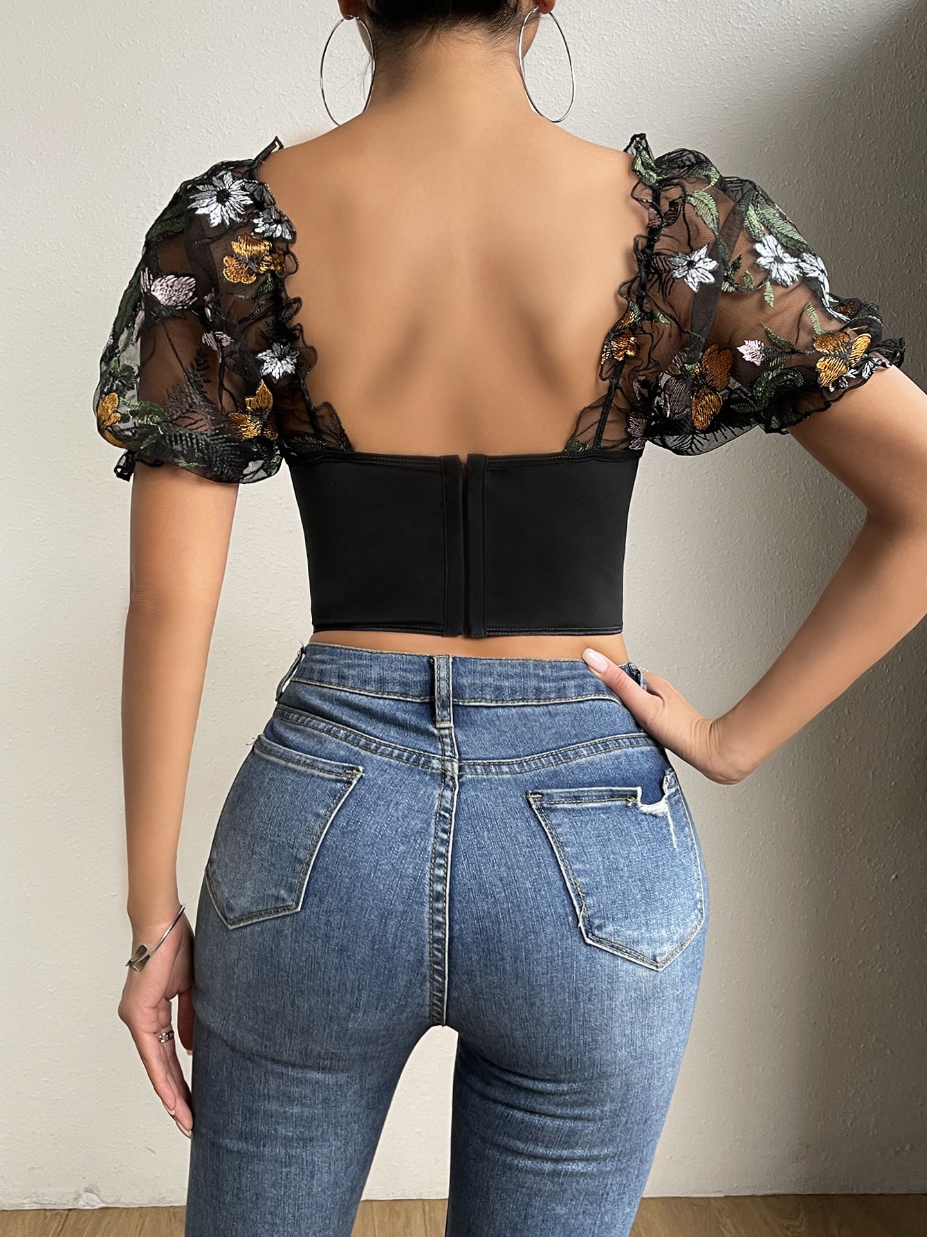 Flowers Embroidered Puff Sleeve Corset Top