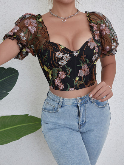 Flowers Embroidered Puff Sleeve Corset Top