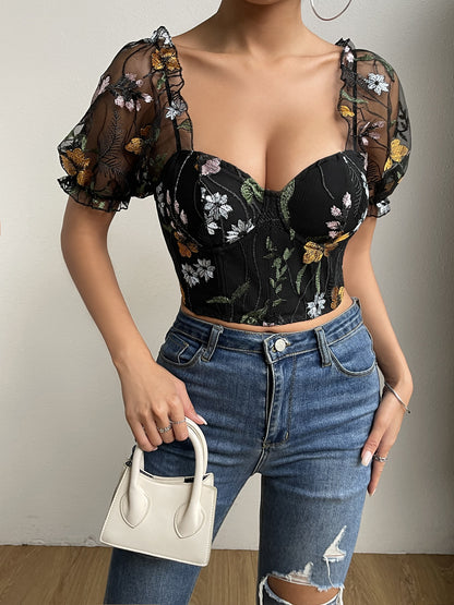 Flowers Embroidered Puff Sleeve Corset Top