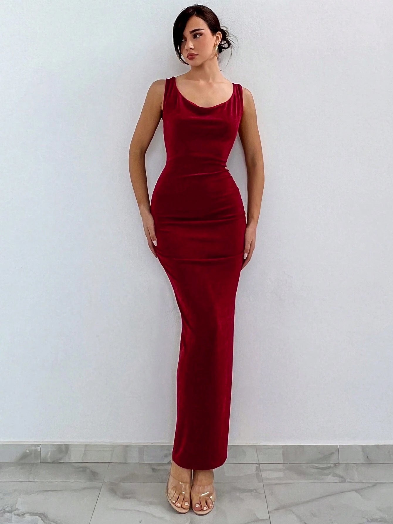 Red Pleated Backless Bodycon Dress