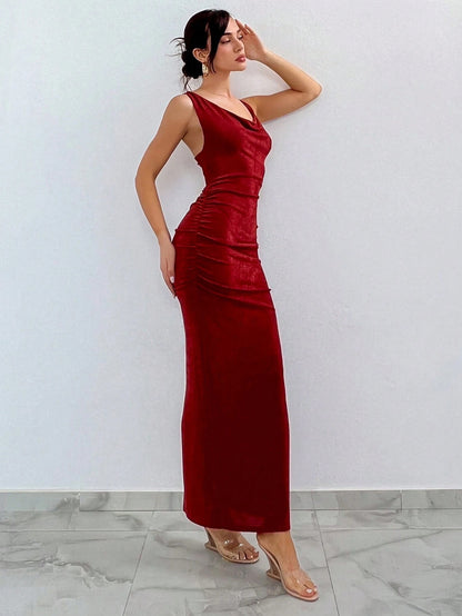 Red Pleated Backless Bodycon Dress