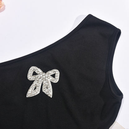 One Shoulder Rhinestone Bow Mini Dress