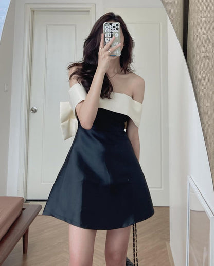 Off Shoulder Bow Mini Dress fashionnsio