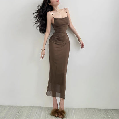 Pleated Mesh Slim Fit Dress