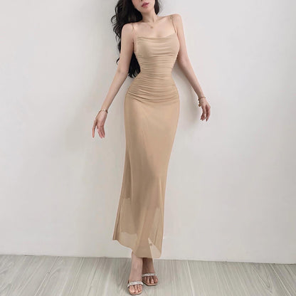 Pleated Mesh Slim Fit Dress