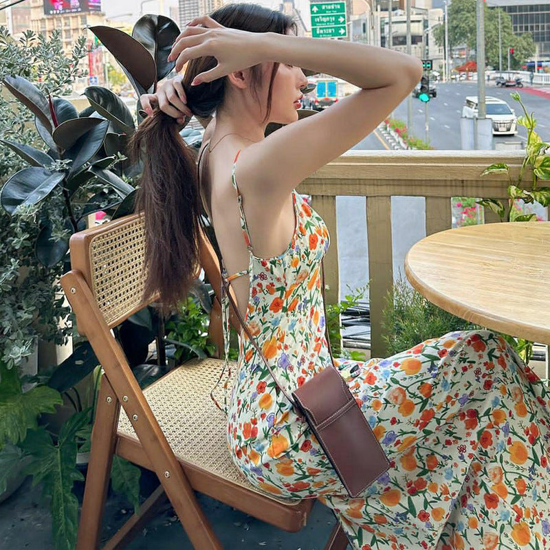 Floral Printed Backless Lace Dress