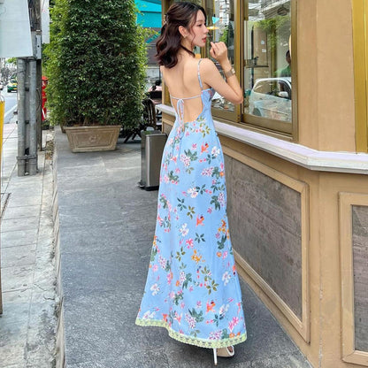 Floral Printed Backless Lace Dress