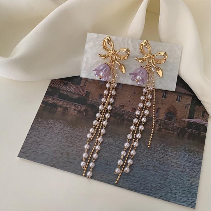 Bow Purple Tulip Pearl Earrings fashionnsio