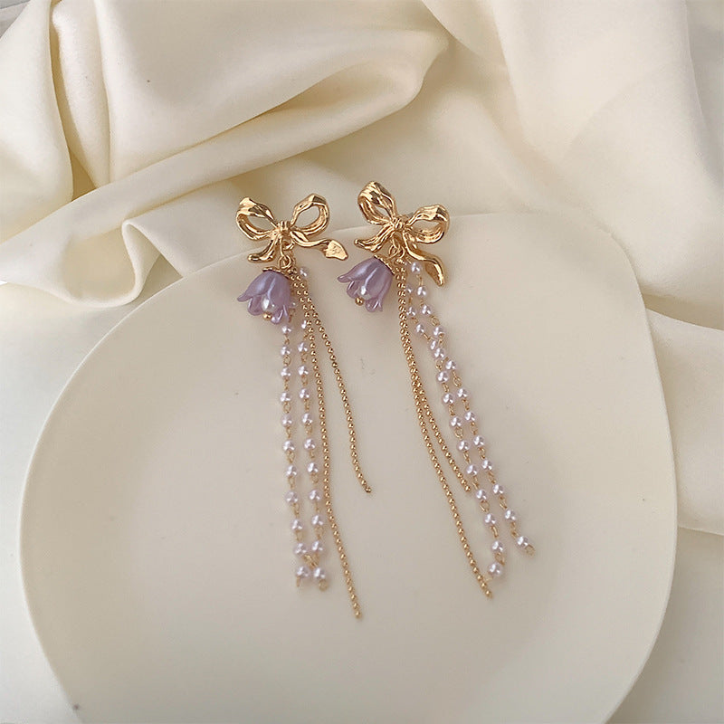 Bow Purple Tulip Pearl Earrings fashionnsio