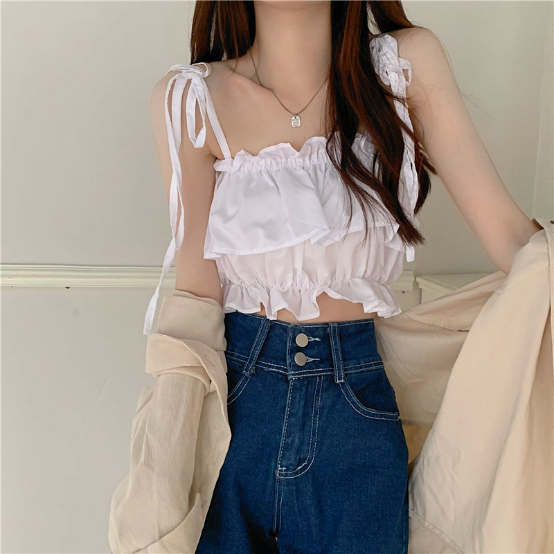 Ruffled Lace Up Strap Top