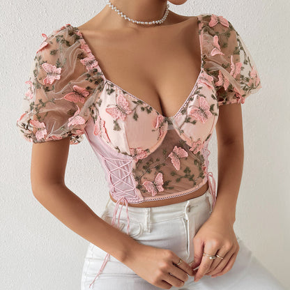 Butterfly Embroidered Lace Up Corset Top