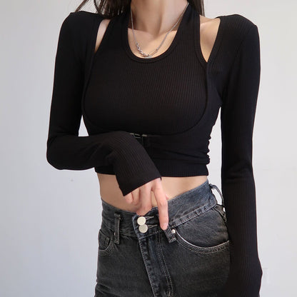 Fake 2 Piece Buckle Long Sleeve Top