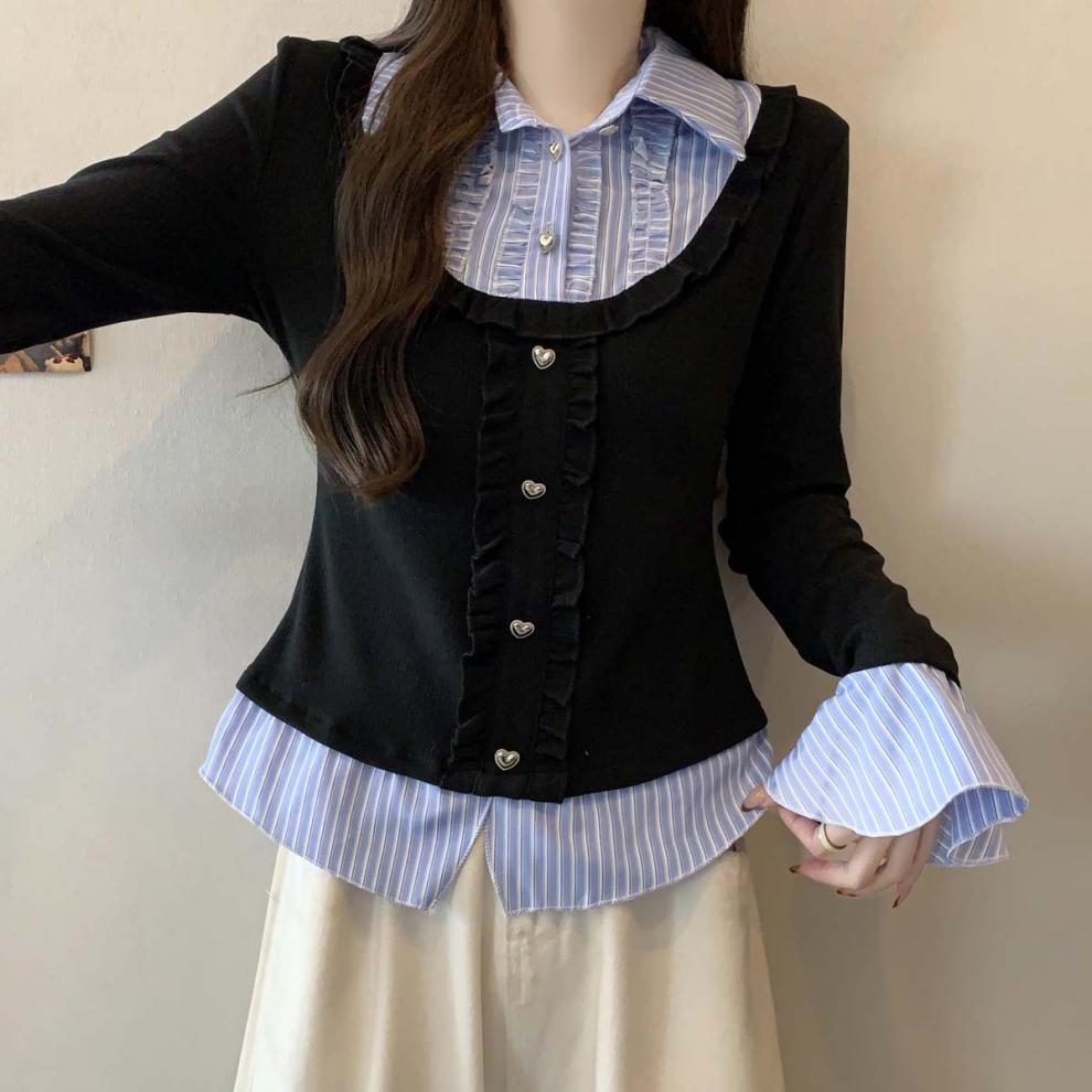 Y2K Collar Striped Korean Top - Fashionnsio