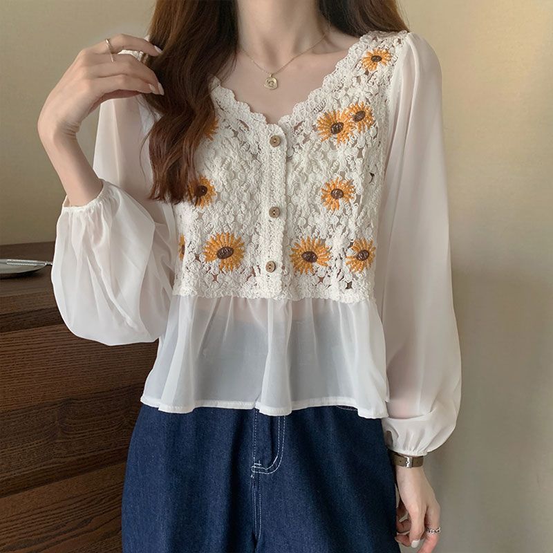 Flower Embroidery Puff Sleeve Blouse Top