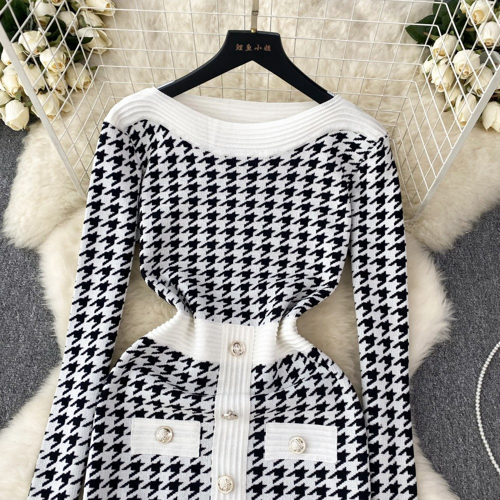 Korean Plaid Bodycon Knitted Dress