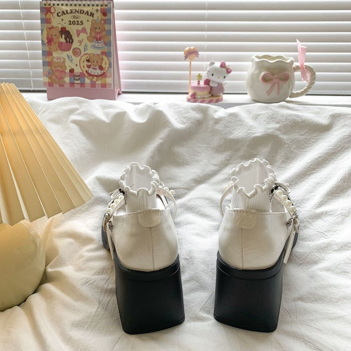 Pearl Strap Bow Chunky Heels - Fashionnsio