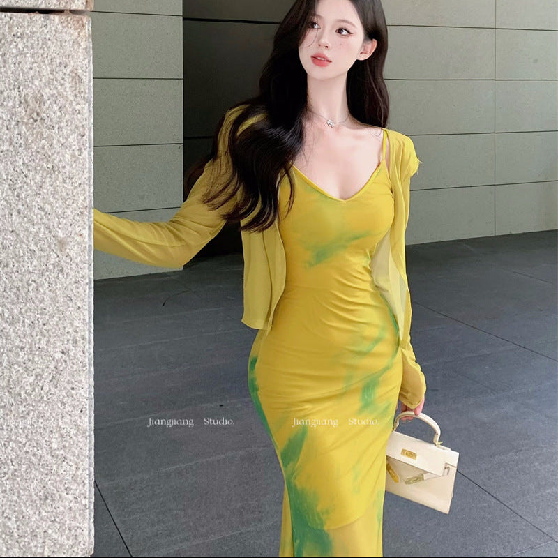 Long Bodycon Dress With Cardigan - Fashionnsio