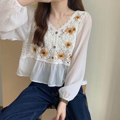 Flower Embroidery Puff Sleeve Blouse Top