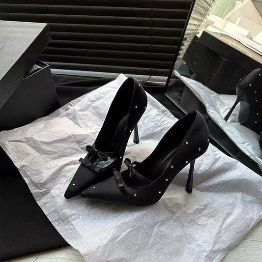 Diamond Studded Bow Pointed Heels - Fashionnsio