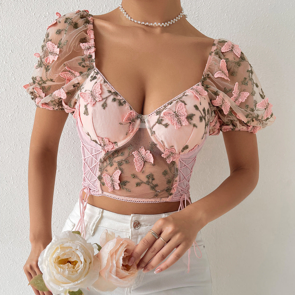 Butterfly Embroidered Lace Up Corset Top