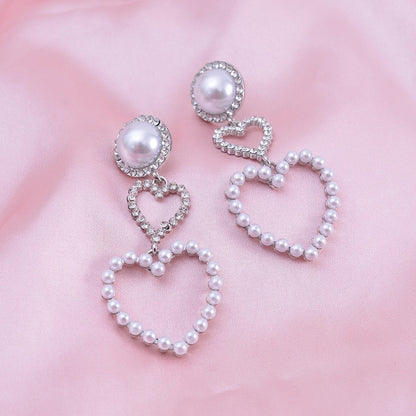 Double Heart Diamond Pearl Earrings fashionnsio