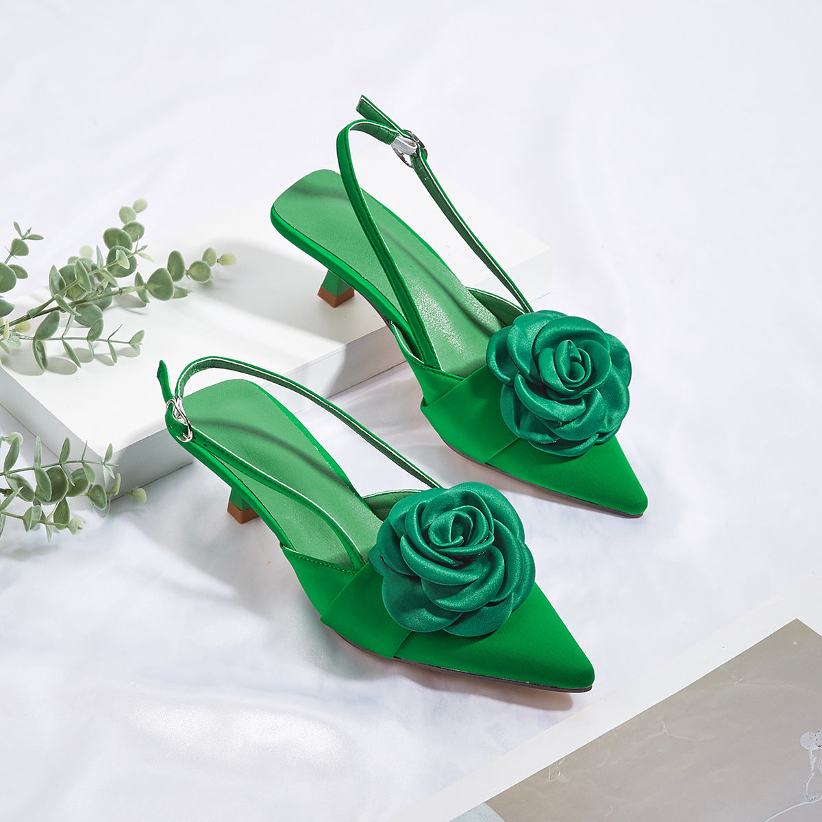 3D Flower Pointed Buckle Kitten Heels