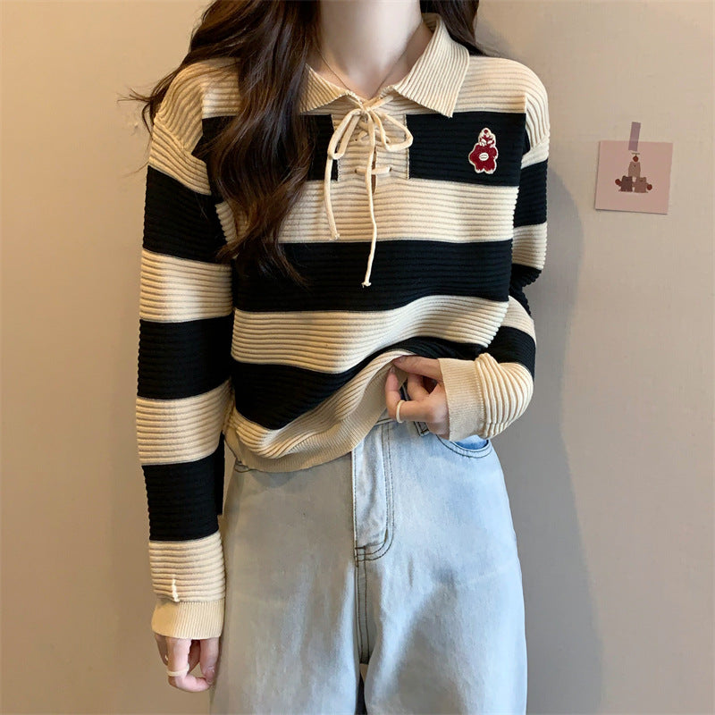 Striped Knitted Lace-up Sweater Top