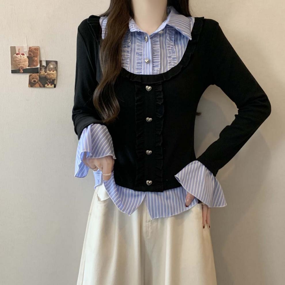 Y2K Collar Striped Korean Top - Fashionnsio