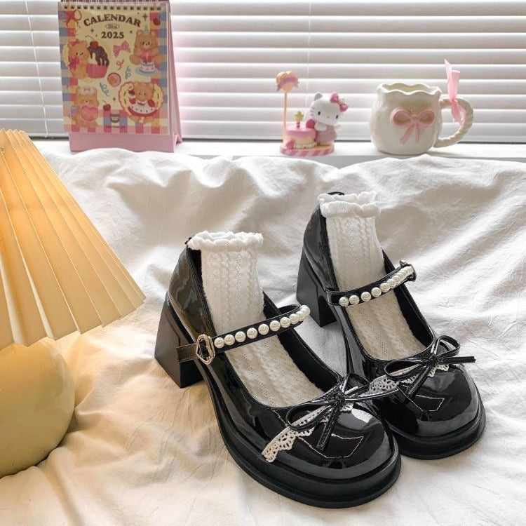 Pearl Strap Bow Chunky Heels - Fashionnsio