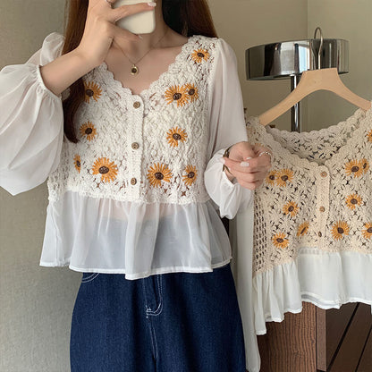 Flower Embroidery Puff Sleeve Blouse Top