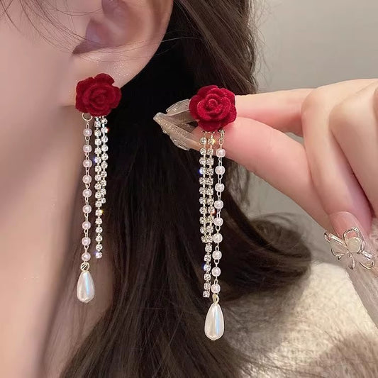 Red Rose Pearl Diamond Tassel  Earrings fashionnsio