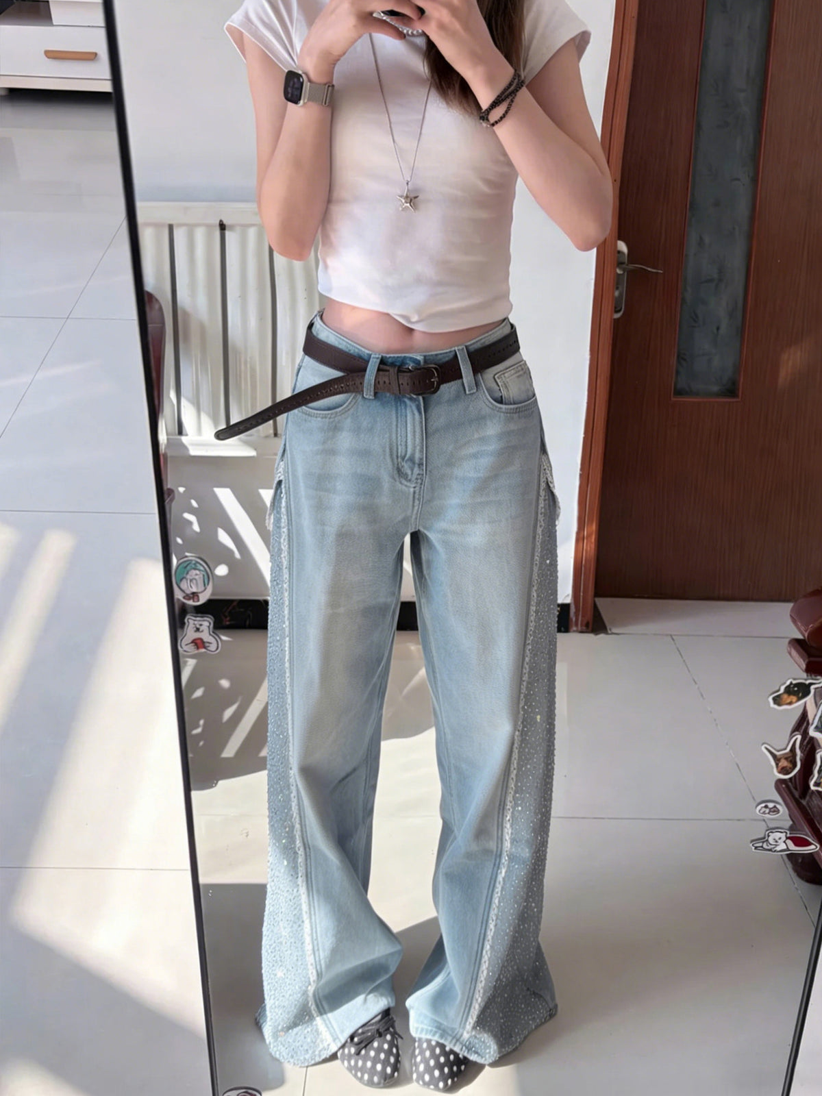 Wide Leg Sparkling Rhinestone Jeans - Fashionnsio