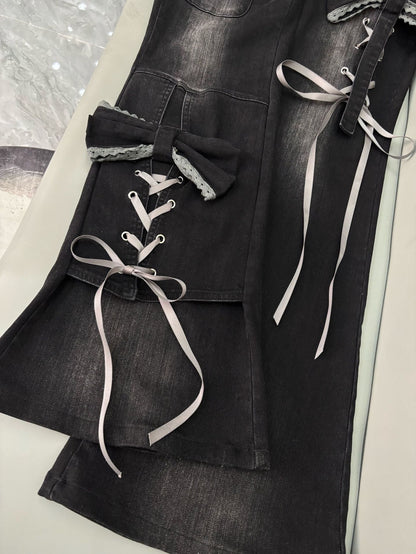 Coquette Lace-Up Bow Flare Jeans - Fashionnsio