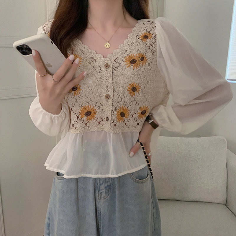 Flower Embroidery Puff Sleeve Blouse Top