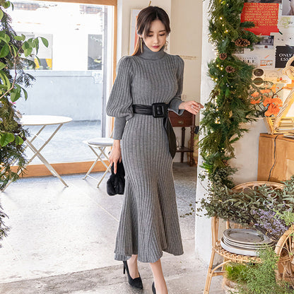 Turtleneck Knitted Dress With Belt