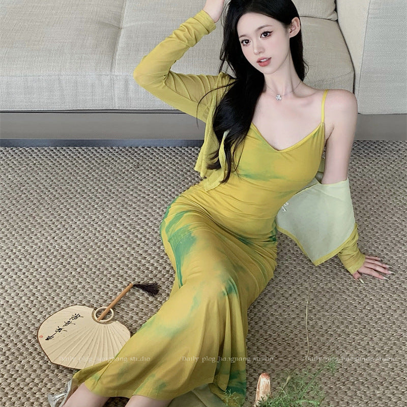 Bodycon Dress - Long Dress With Cardigan - Korean Dress Yellow / S Bodycon Dress - Long Dress With Cardigan - Korean Dress Yellow / S